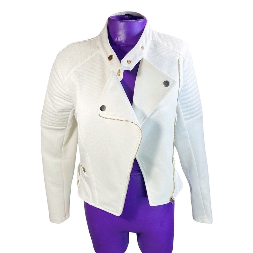 Entry white w gold zipper quilted shoulder cropped moto jacket S